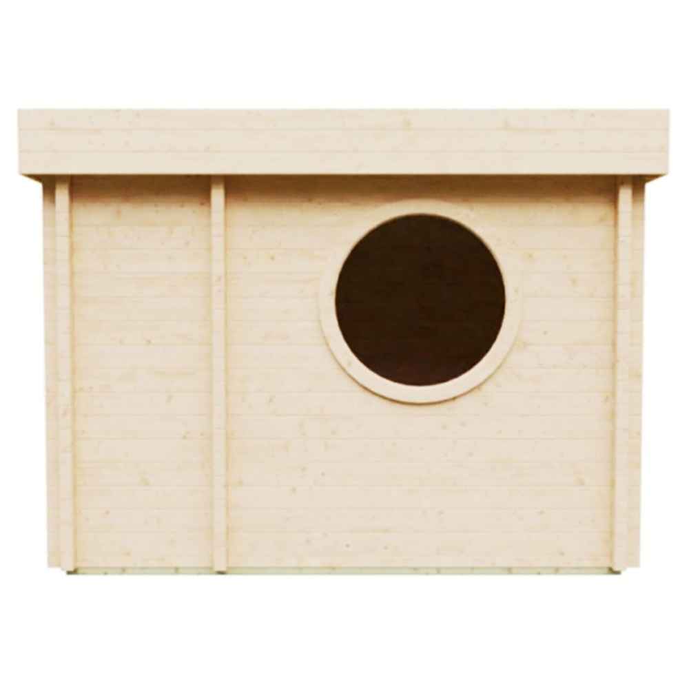 Side view of the GardenHouse24 USA Sauna Tuuli 90 Garden Room, showing its distinctive round window centered on a smooth wooden wall
