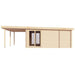 Side view of the GardenHouse24 USA Taunus 70 VD Garden Room highlights the overhanging roof and clean lines of the modern wooden structure