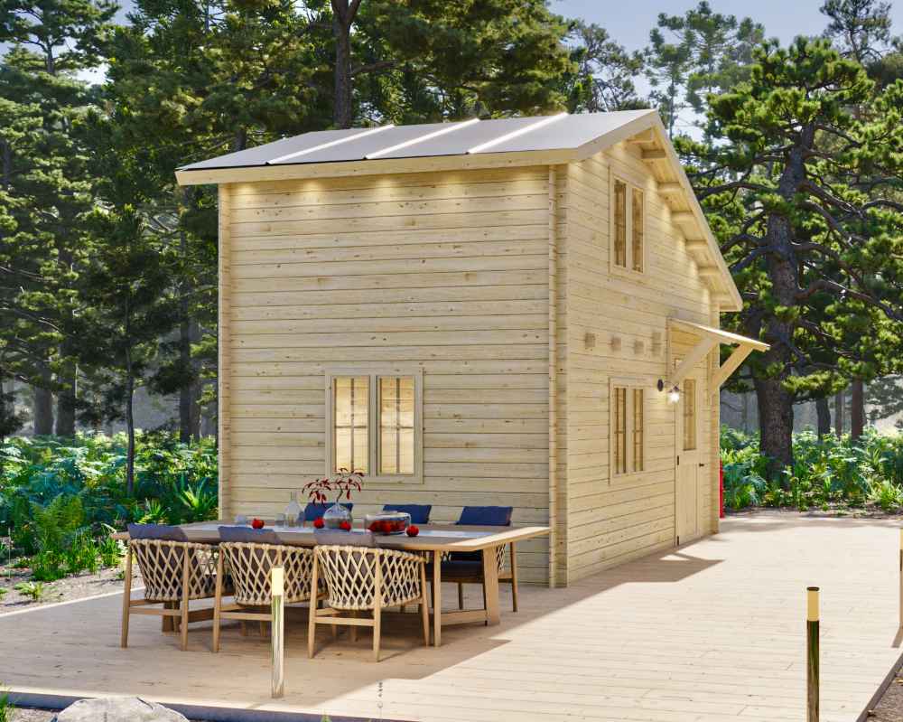 Side view of the Sawmill Structures BlueWater Loft 160 70mm Garden Room shows an extended deck with a long dining table