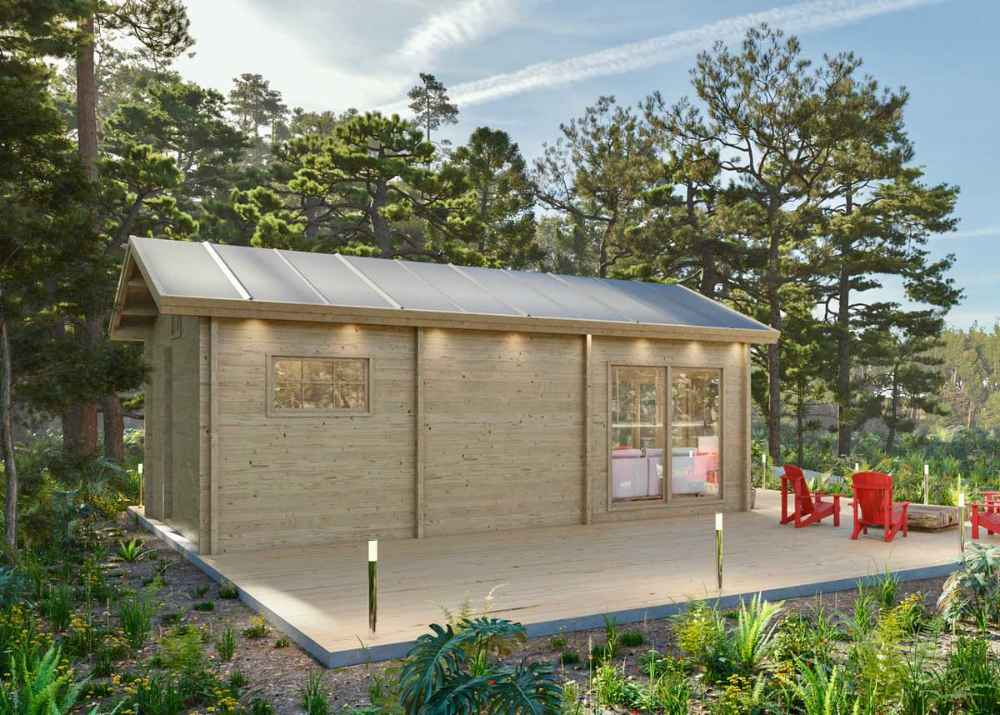Side view of the Sawmill Structures Edwin Lake House PLUS 70MM Garden Room displays its clean wooden exterior, a large deck, and red outdoor chairs