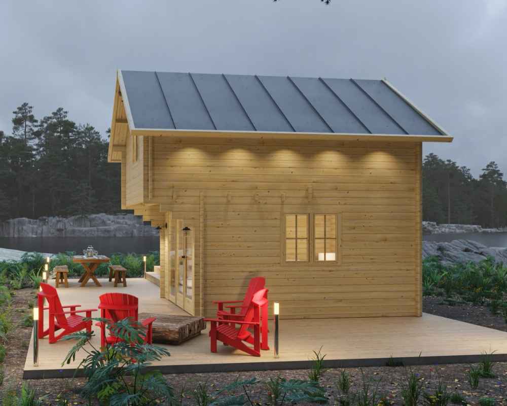 Side view of the Sawmill Structures GrandView 150 70MM Garden Room reveals its smooth wooden exterior, red Adirondack chairs, and modern pathway lighting