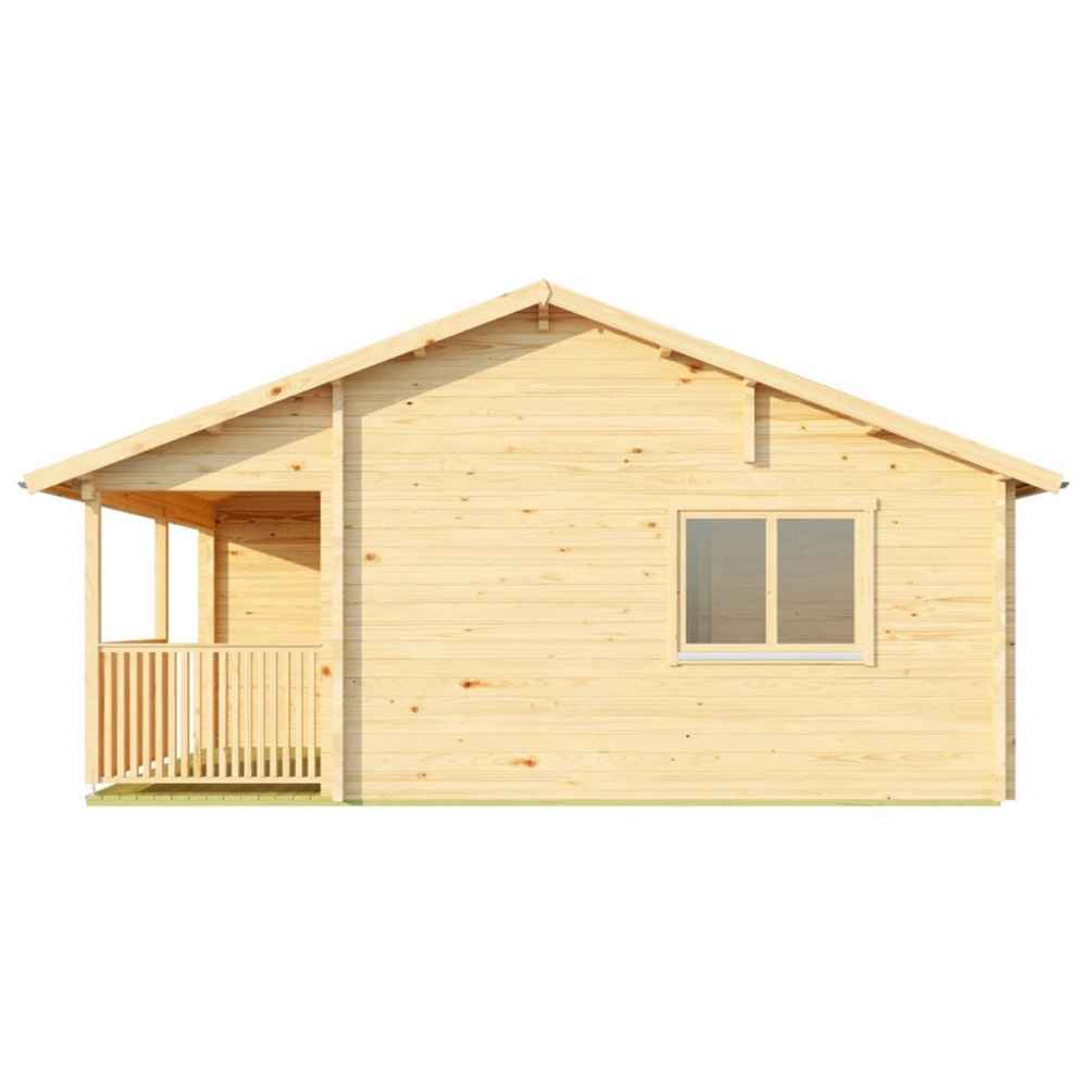 Side view of the Sawmill Structures The Sunbeam Lakehouse 70mm Garden Room reveals a single window and a covered porch framed by sturdy posts