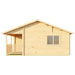Side view of the Sawmill Structures The Sunbeam Lakehouse 70mm Garden Room reveals a single window and a covered porch framed by sturdy posts