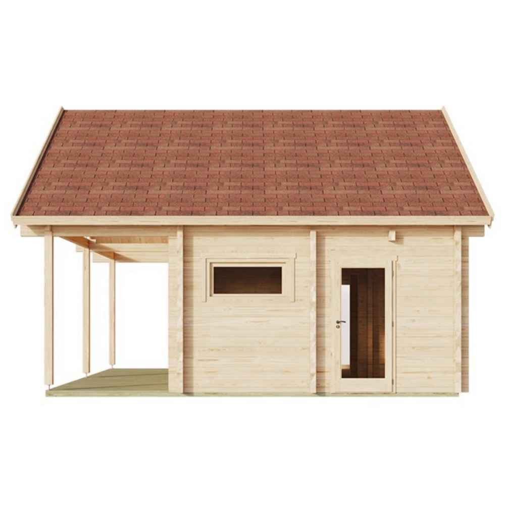 Side view reveals a single door and horizontal window under a sloped roof on the GardenHouse24 USA Sauna Marit 90 Garden Room