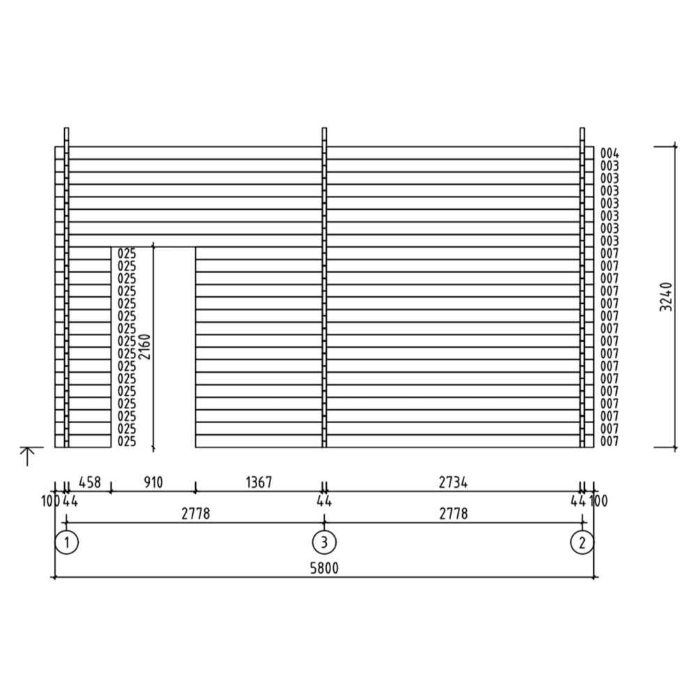 Side wall blueprint of the GardenHouse24 USA Garage Bjarne 44 Garden Room with precise timber spacing and door placement marked