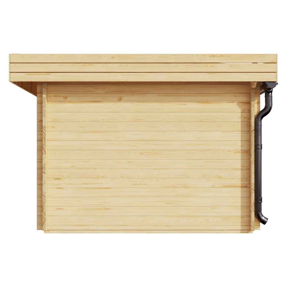 Side wall of the GardenHouse24 USA Miriam 44A Modern Garden Room, featuring vertical wood paneling and a black gutter pipe