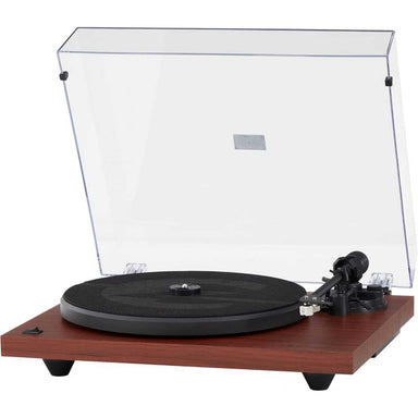 Side angle of the Crosley C6 Bluetooth Turntable - Mahogany presenting its elegant design and functional tonearm