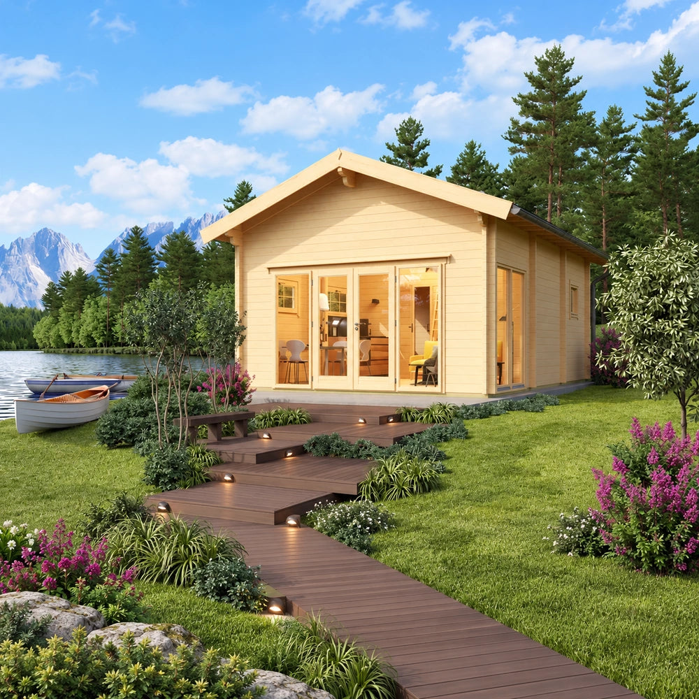 Sigrid 44 wooden garden room in a landscaped lakeside setting, featuring glazed doors, warm interior lighting, an illuminated walkway, flowers, pine trees and distant mountains.
