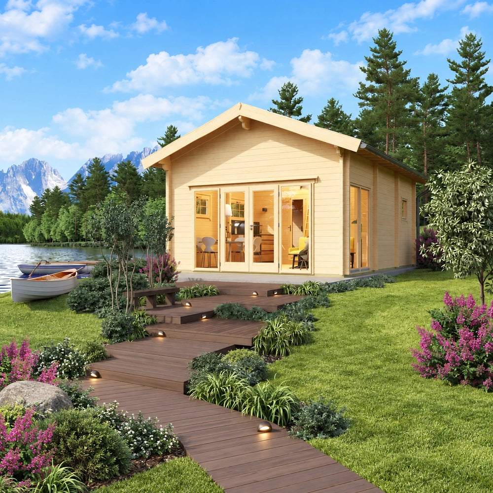 Sigrid 70 wooden garden room with broad glazed doors and warm interior lighting, surrounded by flowers and an illuminated walkway beside a lake with boats, pine trees and mountains.