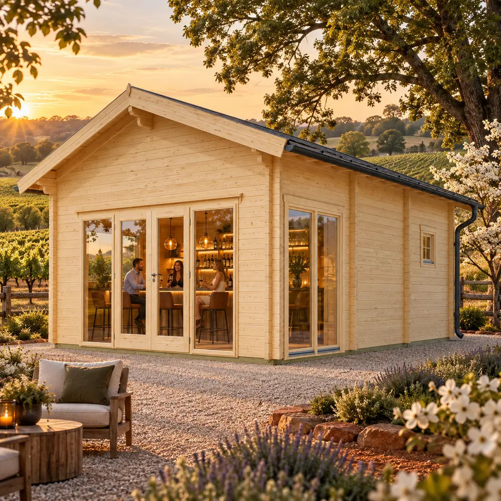 Angled view of the Sigrid 70 Freedom House at golden hour in North Carolina’s Yadkin Valley, surrounded by vineyards, flowering dogwoods and mature oaks, with three adults socializing around an illuminated indoor bar.