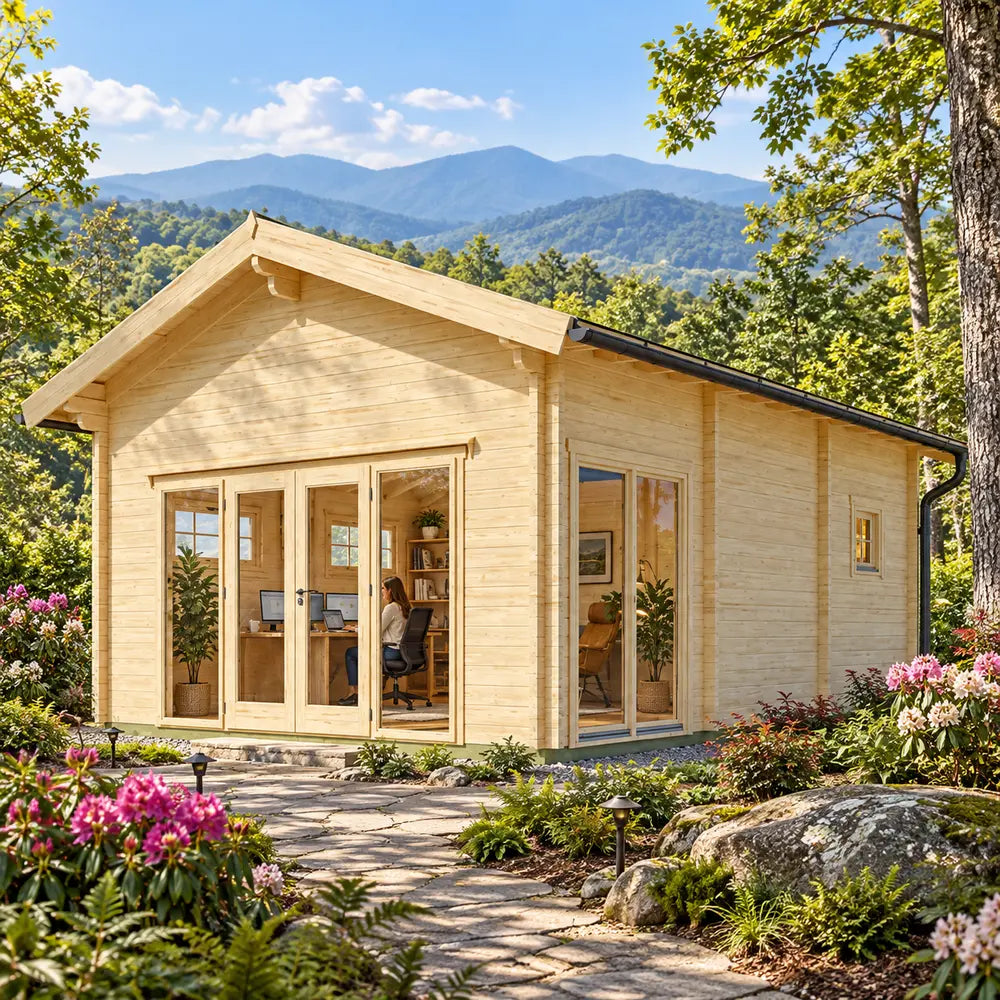 Front-and-side view of the Sigrid 70 Freedom House in western North Carolina, surrounded by rhododendrons, native woodland and layered Blue Ridge Mountains, with a professional working inside the bright glass-fronted office.