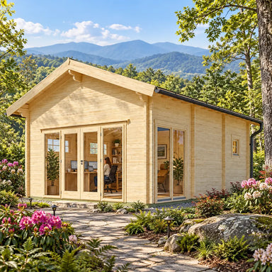 Front-and-side view of the Sigrid 70 Freedom House in western North Carolina, surrounded by rhododendrons, native woodland and layered Blue Ridge Mountains, with a professional working inside the bright glass-fronted office.