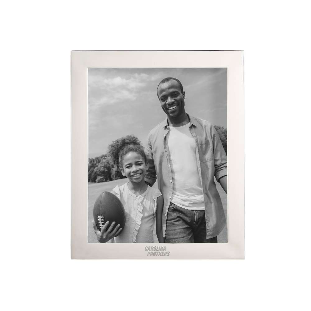 Silver Carolina Panthers Crate & Barrel NFL Signature Tabletop Picture Frame with a black-and-white photo of a smiling man and girl outdoors