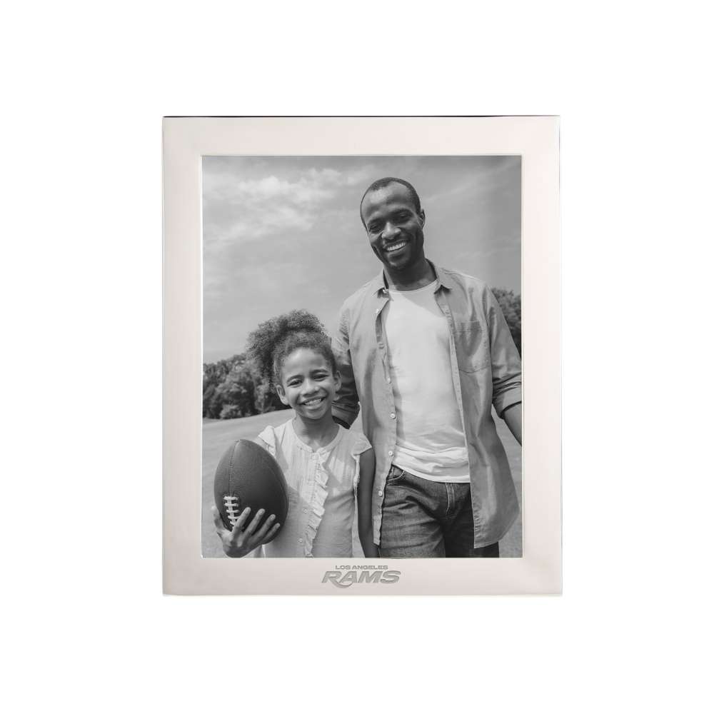 Silver Los Angeles Rams Crate & Barrel NFL Signature Tabletop Picture Frame with a black-and-white photo of a man standing beside a smiling girl with a football