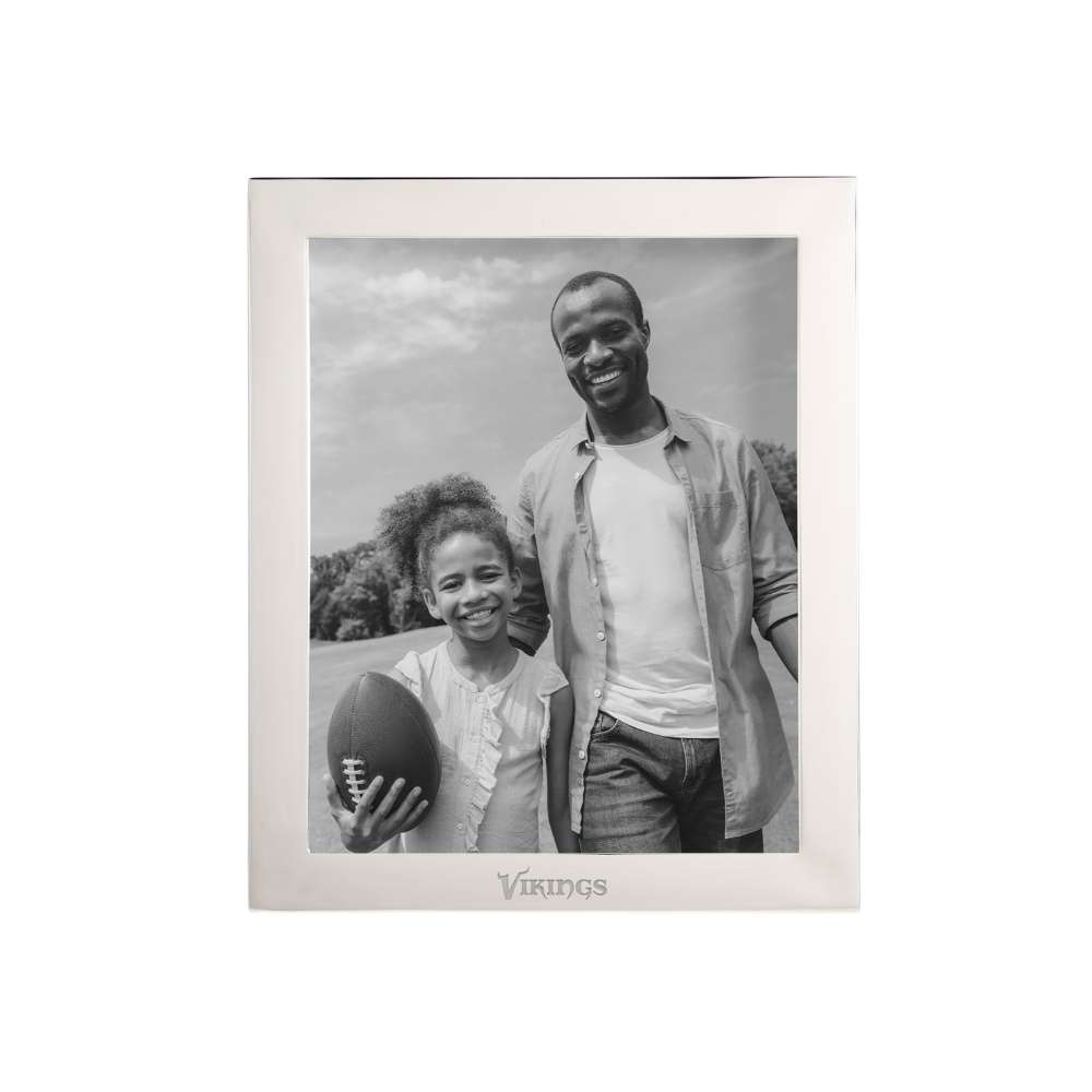 Silver Minnesota Vikings Crate & Barrel NFL Signature Tabletop Picture Frame with a black-and-white photo of a smiling adult and child outdoors