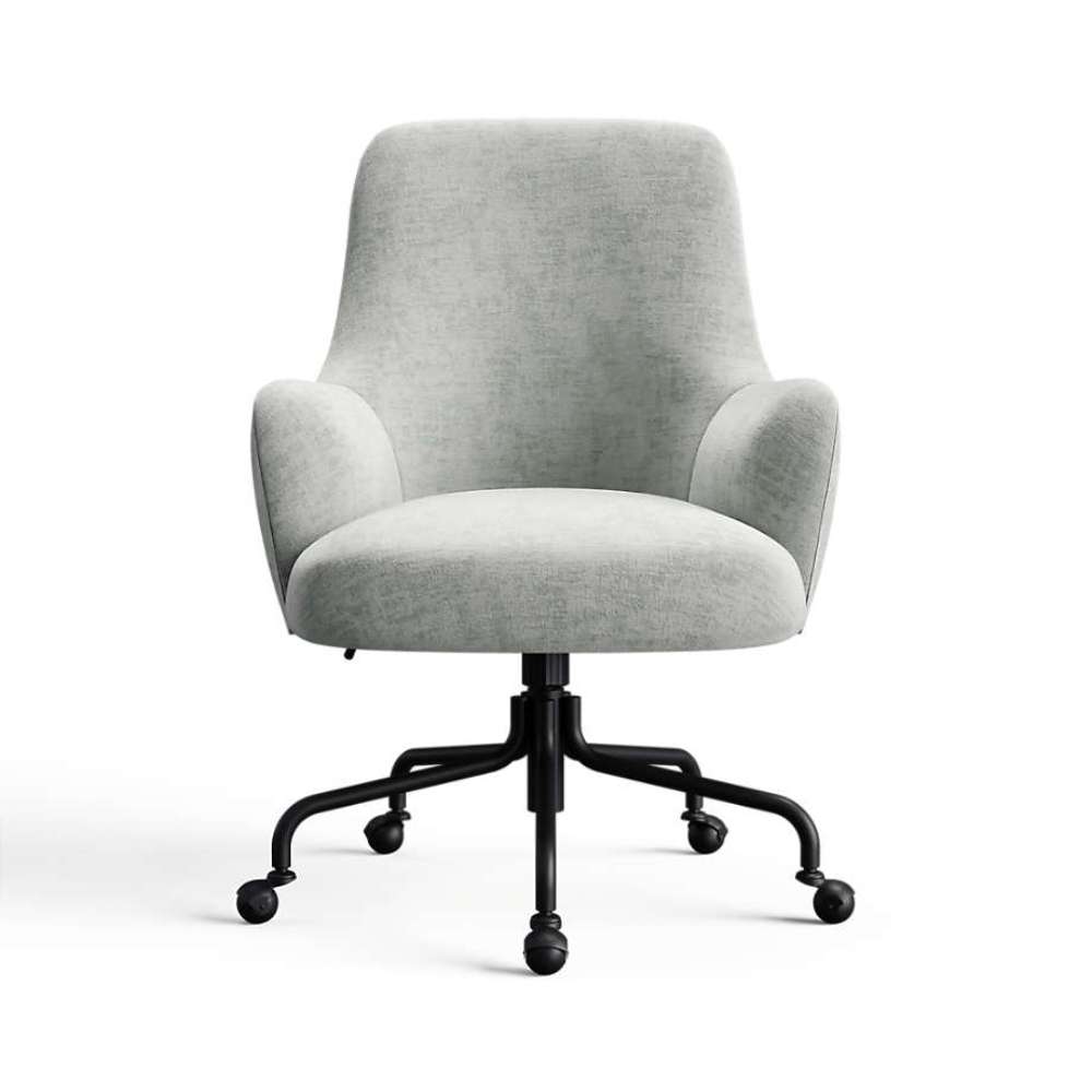 Silver Monet Recycled Chenille Crate & Barrel Bellevue Upholstered Office Chair in silver chenille fabric with padded arms and a caster base