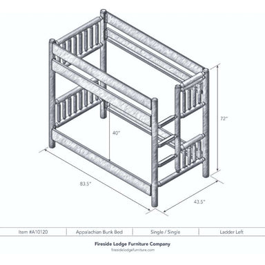 Single Single Left – Fireside Lodge Appalachian Bunk Bed is a line drawing of a single-over-single bunk bed with a left-side ladder and visible height, width, and depth dimensions
