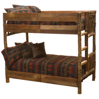 Single Single Left – Fireside Lodge Appalachian Bunk Bed is a realistic photo of a single-over-single bunk bed made from thick rustic logs with a right-side ladder and patterned bedding