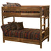 Single Single Left – Fireside Lodge Appalachian Bunk Bed is a realistic photo of a single-over-single bunk bed made from thick rustic logs with a right-side ladder and patterned bedding