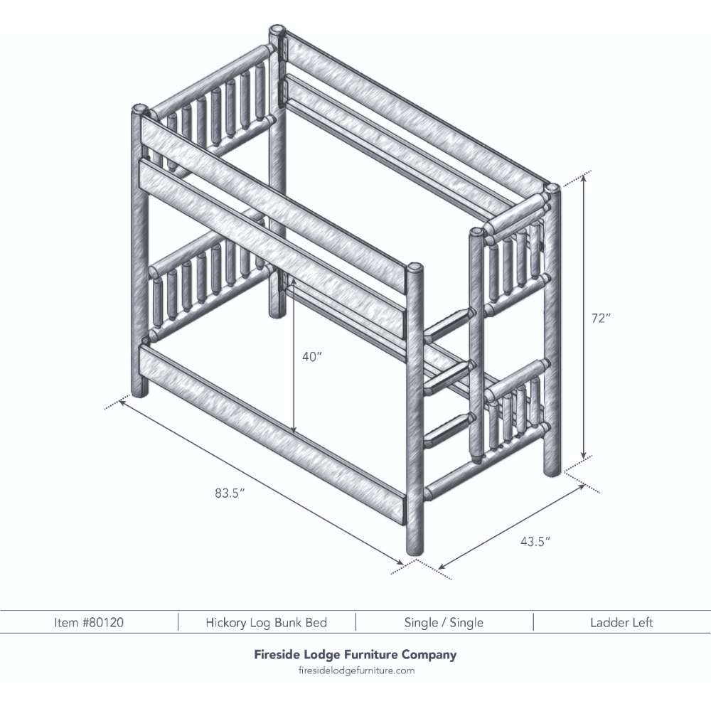 Single Single Left – Fireside Lodge Hickory Log Bunk Bed shown as a black-and-white diagram of a single-over-single bunk bed with a left-side ladder and clearly marked height and footprint