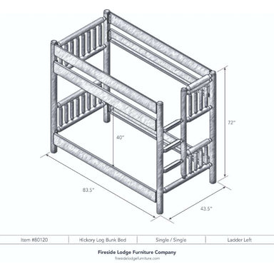 Single Single Left – Fireside Lodge Hickory Log Bunk Bed shown as a black-and-white diagram of a single-over-single bunk bed with a left-side ladder and clearly marked height and footprint