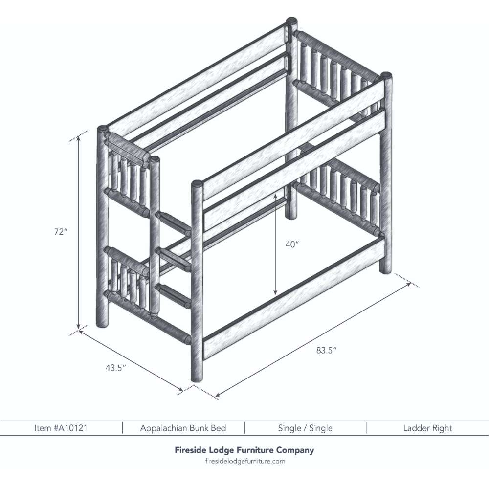 Single Single Right – Fireside Lodge Appalachian Bunk Bed is a dimensioned line illustration of a single-over-single bunk bed with a right-side ladder and full safety rails