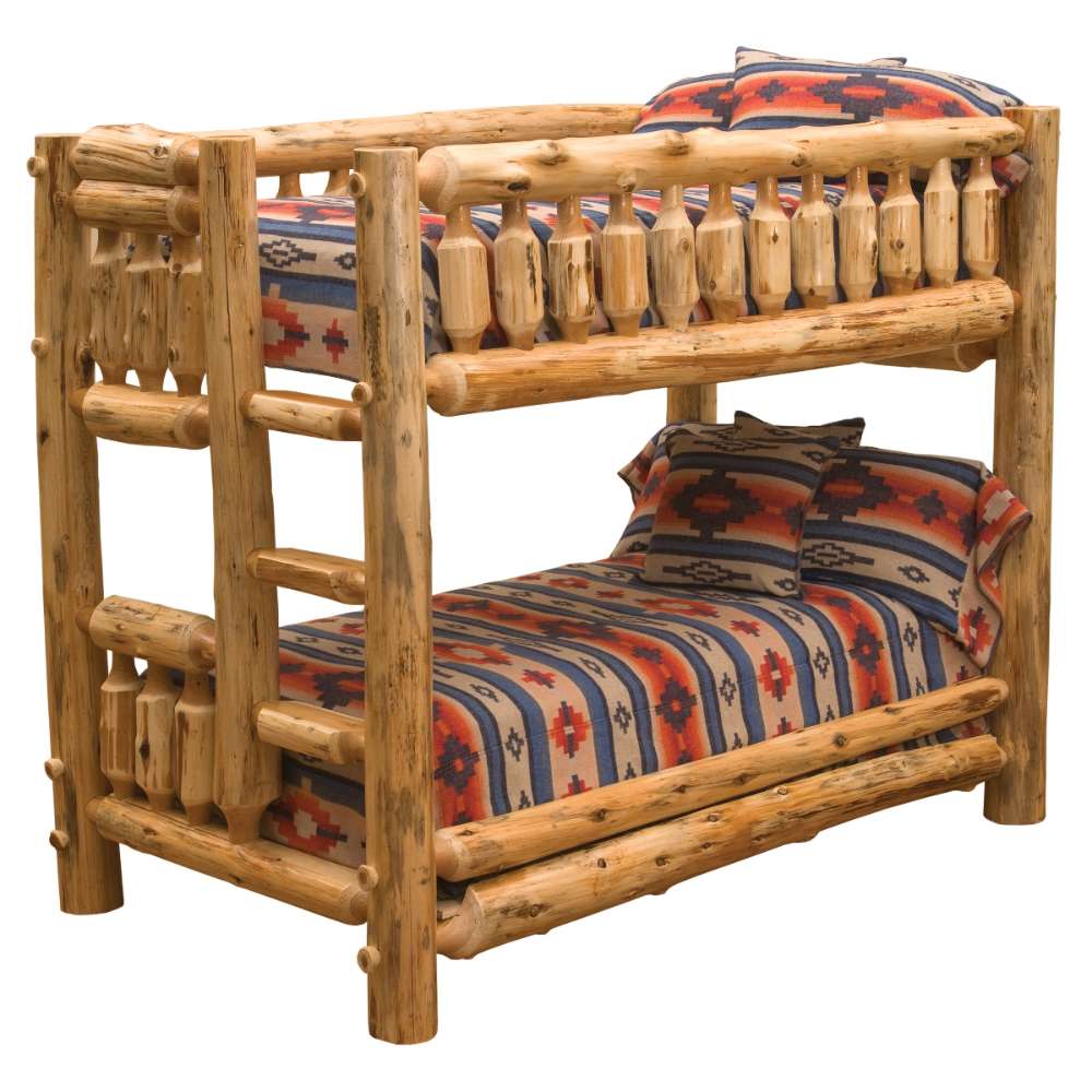 Single Single Right – Fireside Lodge Cedar Log Bunk Bed shows a color photo of a rustic single-over-single cedar log bunk bed with a right-side ladder and turned log railings