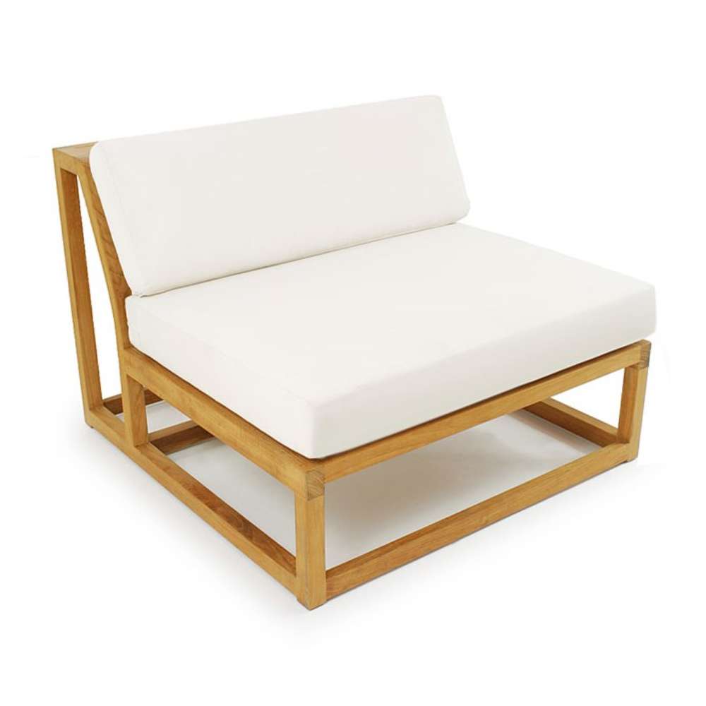 Single armless lounge chair from Westminster Teak Maya 6pc Lounge Sofa Set with a light wood frame and thick off-white seat and back cushions