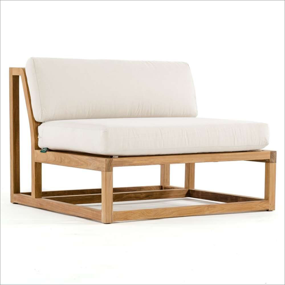 Single cushioned chair from Westminster Teak Maya 6pc Lounge Sofa Set shows a sturdy teak frame with thick, light-colored seat and back cushions