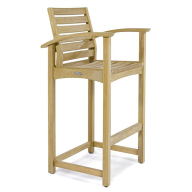 Single tall teak chair with a slatted back and curved armrests is displayed on a plain white background, highlighting the design of Westminster Teak Somerset Teak Bar Stool
