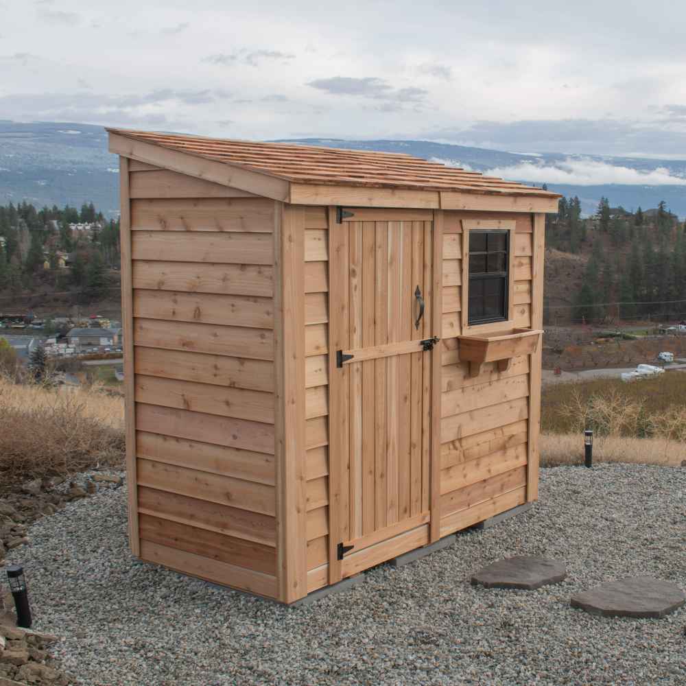 Single Door Cedar Roof Outdoor Living Today 8×4 SpaceSaver Lean-To Cedar Shed shown as a compact wooden shed with a sloped cedar roof and vertical plank door on gravel