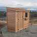 Single Door Cedar Roof Outdoor Living Today 8×4 SpaceSaver Lean-To Cedar Shed shown as a compact wooden shed with a sloped cedar roof and vertical plank door on gravel