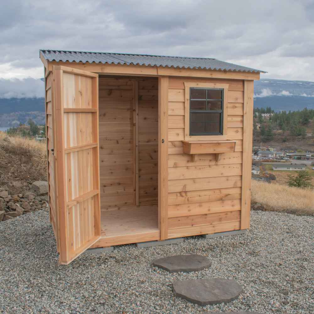 Single Door Metal Roof Outdoor Living Today 8×4 SpaceSaver Lean-To Cedar Shed shows its open door revealing an empty cedar interior, beside a front window