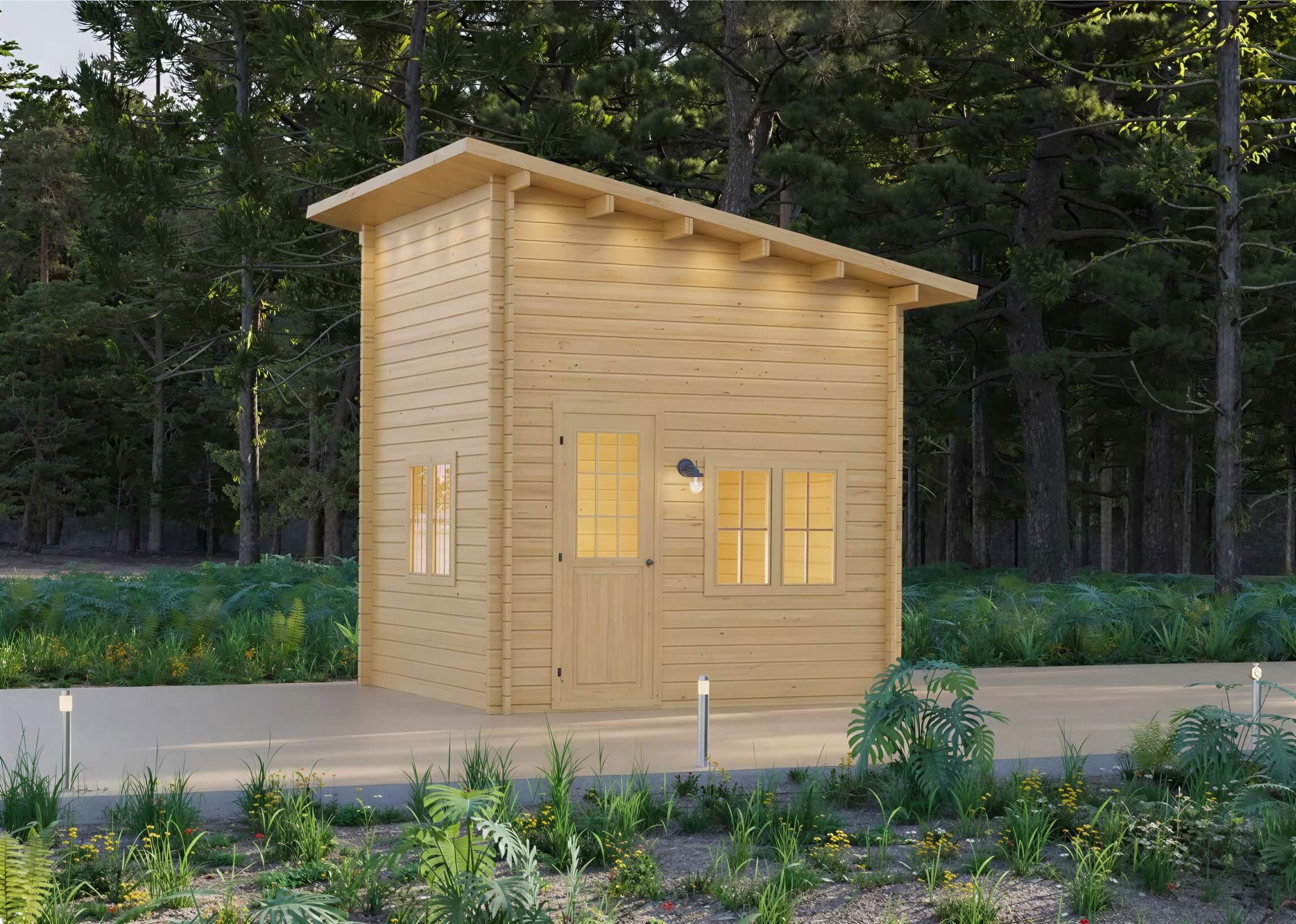 Single Sawmill Structures Cube Loft 100 Garden Room is nestled among greenery