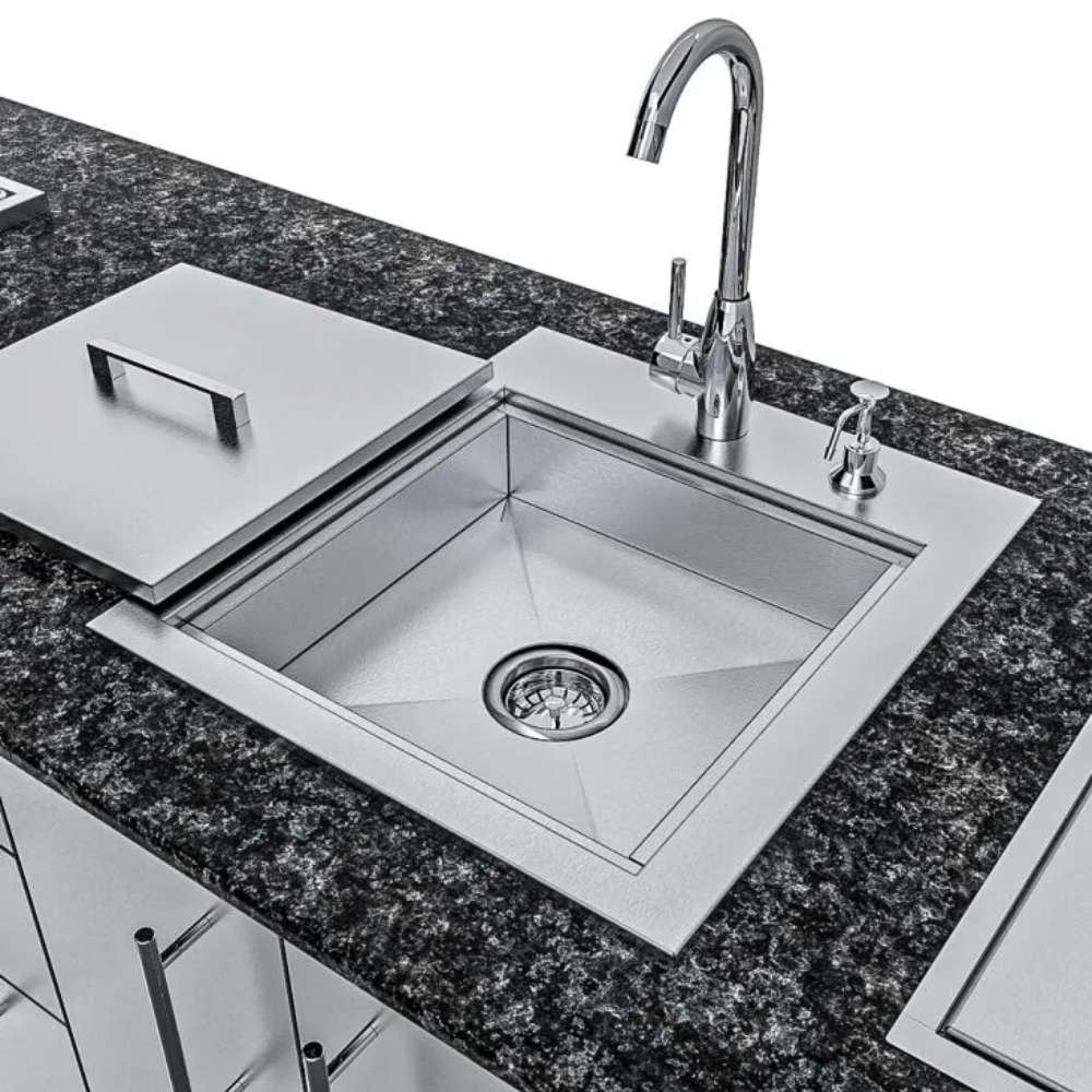Sink area of Sunstone Magnolia 10ft Outdoor Kitchen Island Package showing faucet, basin, and countertop workspace