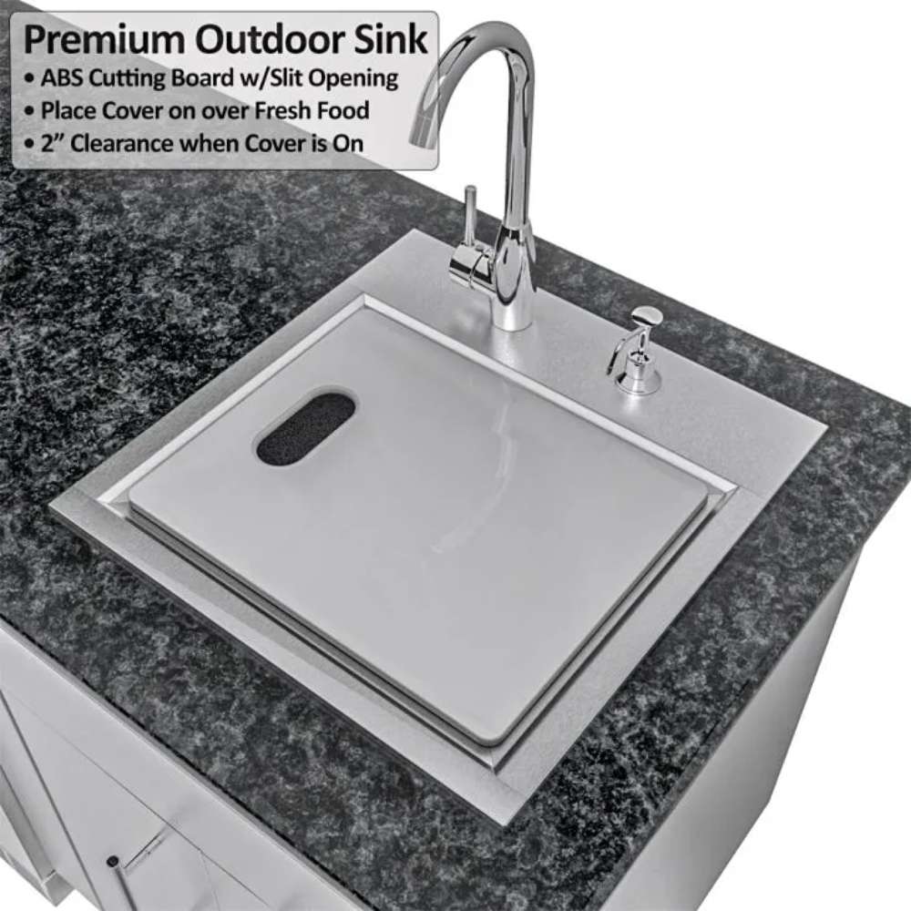 Sink with cutting board cover and faucet labeled features in the Sunstone Texas Tango 19ft Outdoor Kitchen Island Package