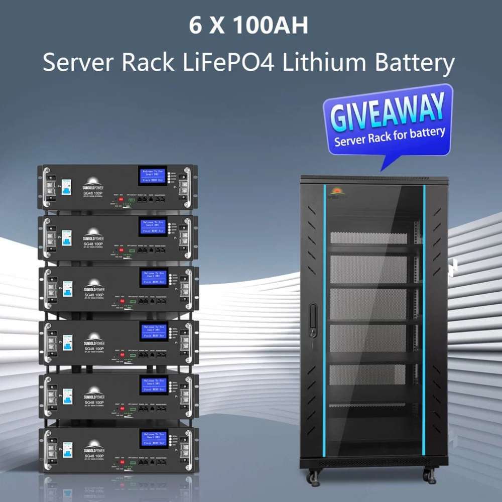 Six 100Ah LiFePO4 rack batteries and cabinet for Sun Gold Power 20000W 48VDC 120V/240V LiFePO4 30.72KWH Lithium Battery Off-Grid Solar Kit SGR-20K30E