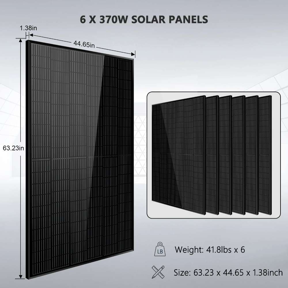 Six 370W solar panels for Sun Gold Power 6000W 48VDC 120V/240V LiFePO4 10.24KWH Lithium Battery Off-Grid Solar Kit, with panel dimensions shown