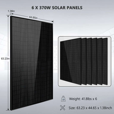 Six 370W solar panels for Sun Gold Power 6000W 48VDC 120V/240V LiFePO4 10.24KWH Lithium Battery Off-Grid Solar Kit, with panel dimensions shown