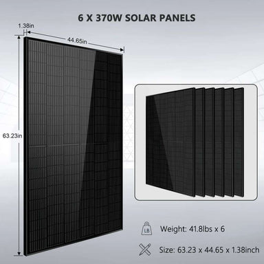 Six 370W solar panels for Sun Gold Power 6500W 48VDC 120/240VAC 5.12KWH Lithium Battery Solar Panels Off-Grid Solar Kit, shown with panel dimensions and weight