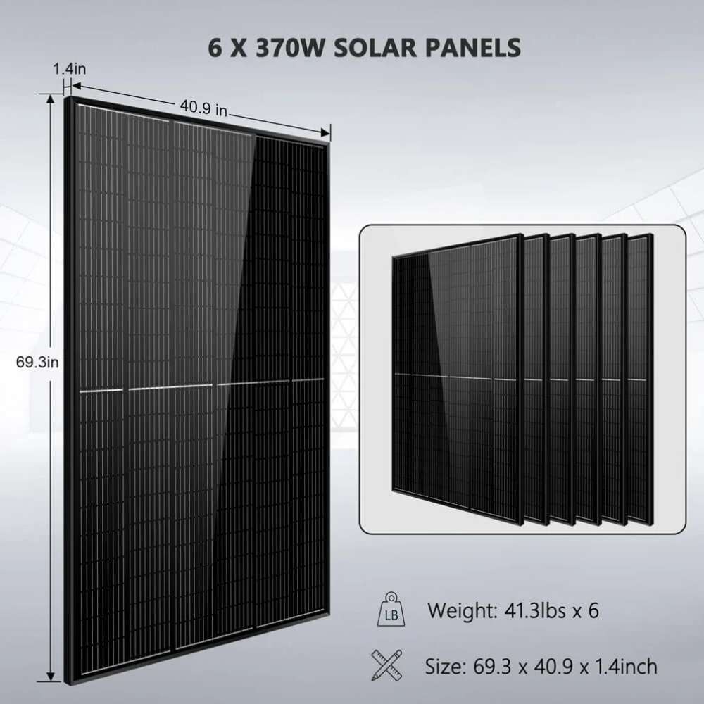 Six 370W solar panels included with Sun Gold Power 6500W 48VDC 120/240VAC 10.24KWH Lithium Battery 2220W Solar Panel Off-Grid Solar Kit