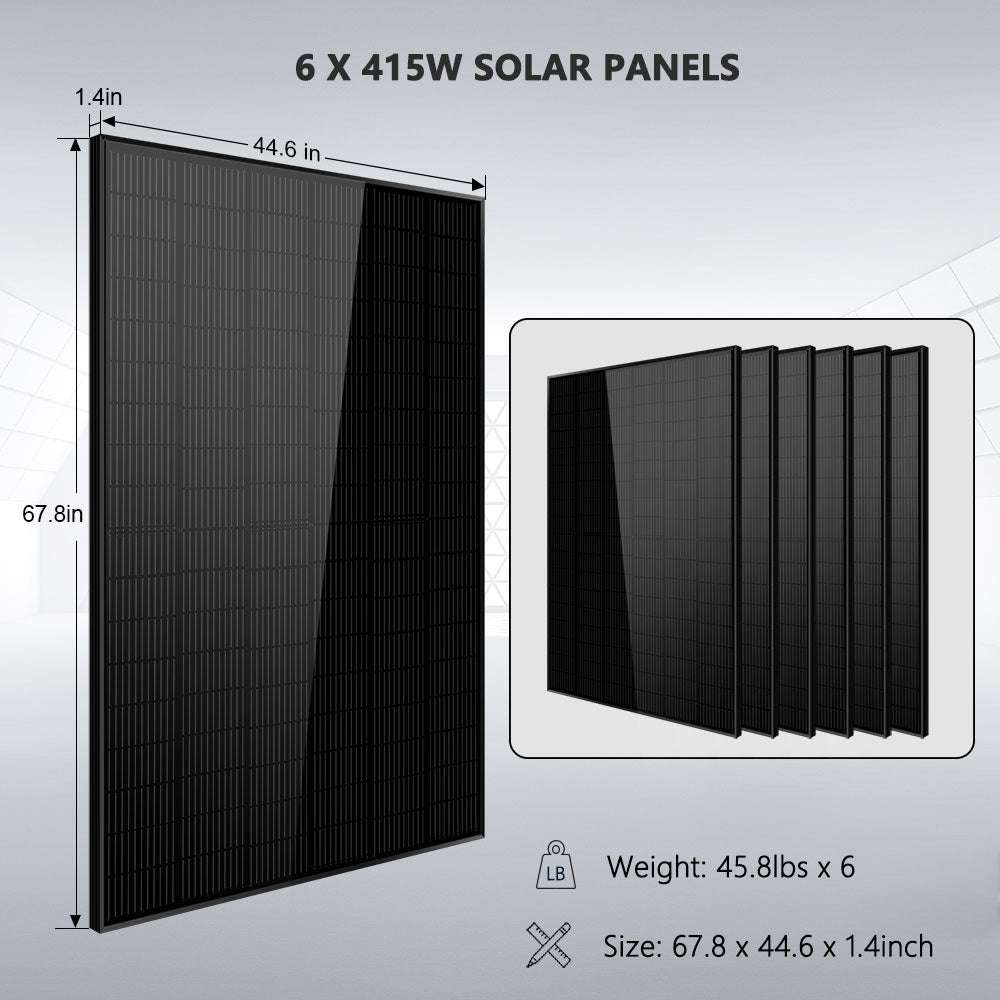 Six 415W solar panels with size and weight specifications for Sun Gold Power 5000W 48VDC 120V LiFePO4 10.24KWH Lithium Battery 2490W Solar Panel Off-Grid Solar Kit