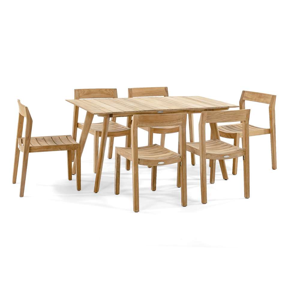 Six Westminster Teak Horizon Teak Side Chair units are arranged around a larger table on a white background, showing a complete dining set for group seating