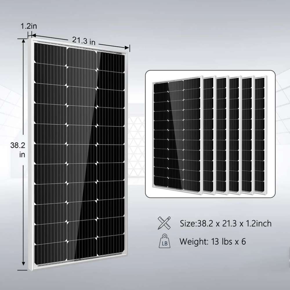 Six compact 100W solar panels are included with Sun Gold Power 3000W Inverter 12VDC 120V Output LiFePO4 Battery Back-Up Off-Grid Solar Kit