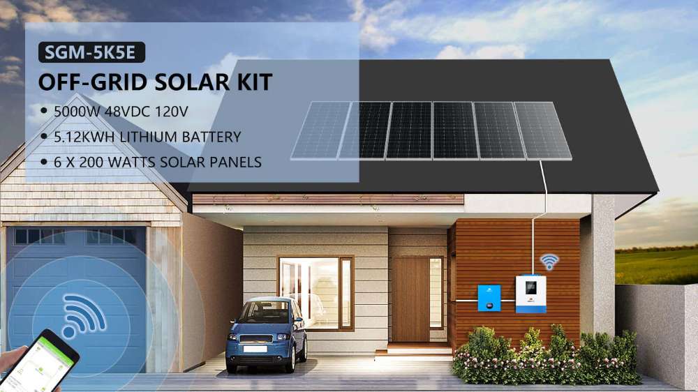 Six rooftop solar panels and battery storage power a modern home using Sun Gold Power 5000W 48VDC 120V 5.12KWH LiFePO4 Battery 1200W Solar Panel Off-Grid Solar Kit