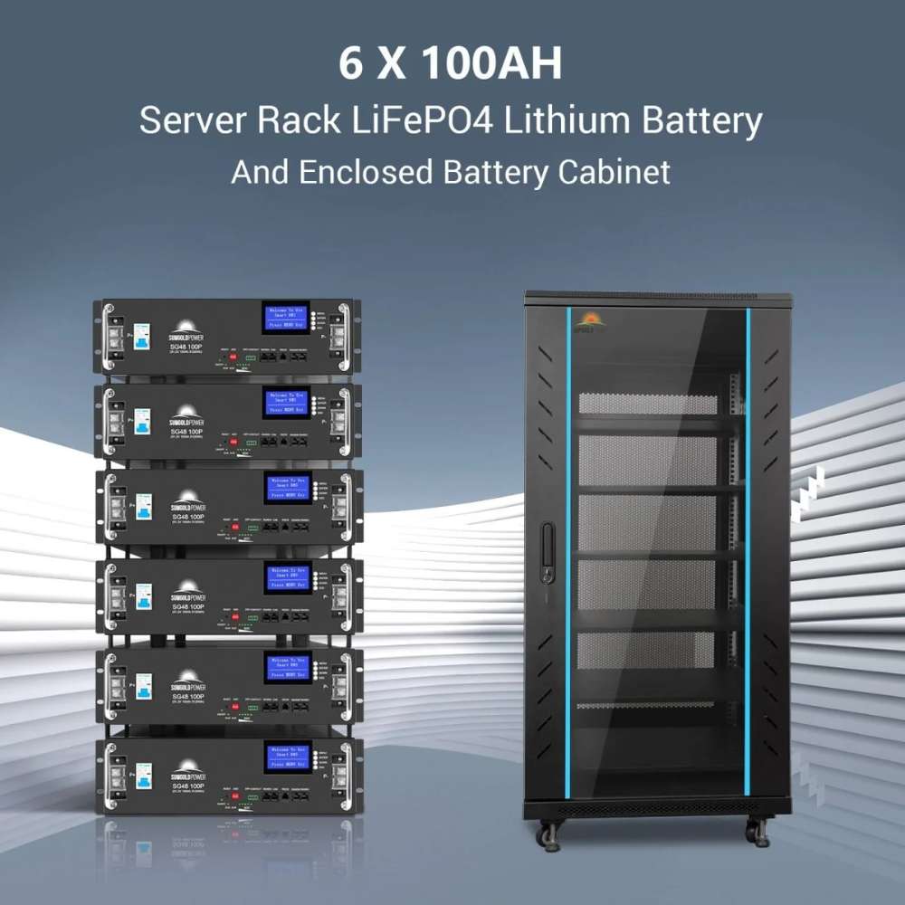Six server rack LiFePO4 batteries and cabinet from Sun Gold Power 15200W 48V Split Phase 30.72KWH Lithium Battery Hybrid Solar Kit