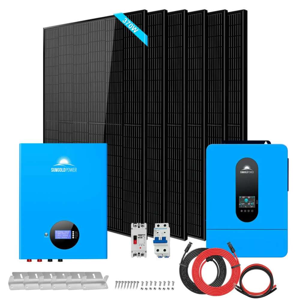 Six solar panels, battery, inverter, cables, and hardware included with Sun Gold Power 6500W 48VDC 120/240VAC 5.12KWH Lithium Battery Solar Panels Off-Grid Solar Kit
