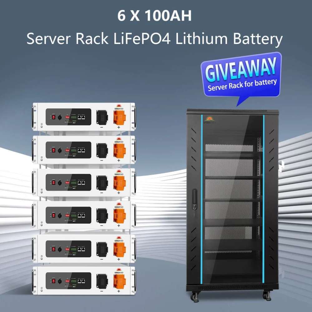 Six white 100Ah LiFePO4 batteries with rack for Sun Gold Power 20000W 48VDC 120V/240V LiFePO4 30.72KWH Lithium Battery Off-Grid Solar Kit SGR-20K30T