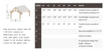 Size chart and specifications for Brookside Timber Frame Alpine Lodge Pavilion provide details on dimensions, post spacing, and customization options