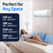 Sizing graphic for ACiQ 12000 BTU Essentials 17 SEER2 Single Zone Wall Mount Mini Split Heat Pump System lists 12K BTU for 400 to 600 square feet alongside larger sizes, with a woman relaxing on a daybed